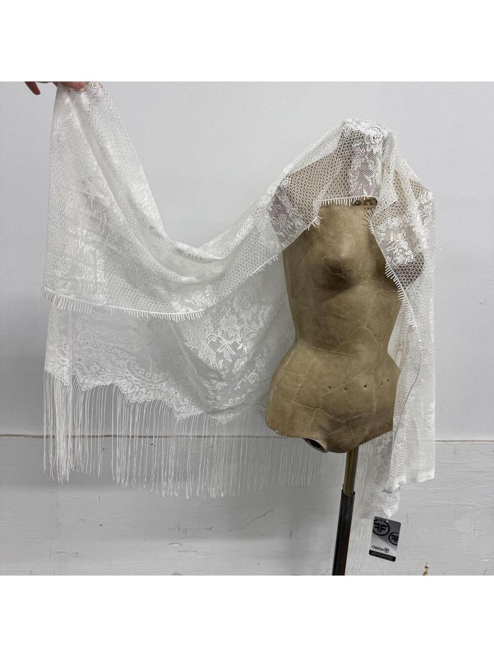 Whimsigoth White Floral Net Lace Fringe Piano Shawl / Wrap